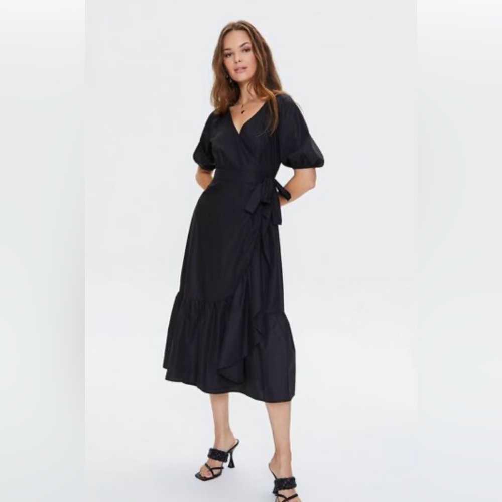 NWT Forever 21 Black Wrap Midi Dress Flounce Trim XL